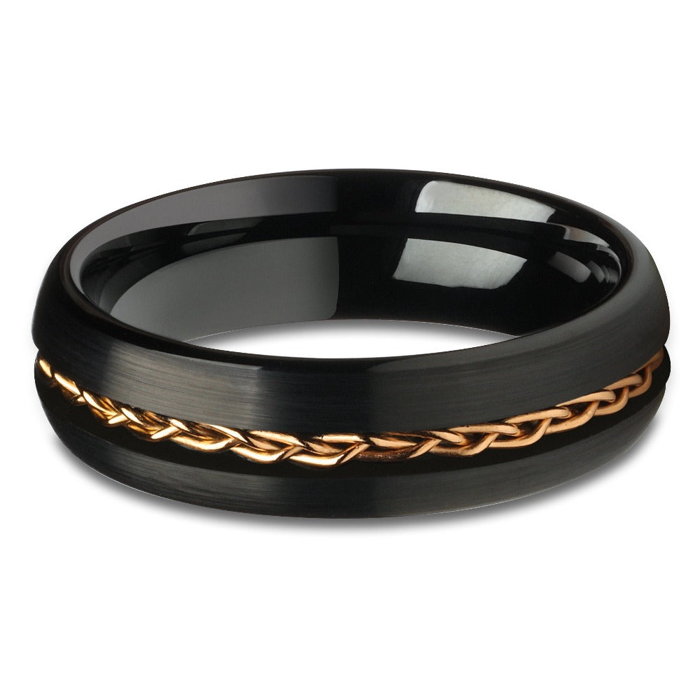 6mm Black Tungsten Ring Rose Gold Braid Ring Engagement Ring Anniversary Ring