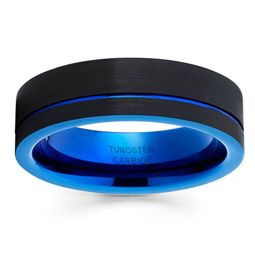 6mm Blue Tungsten Wedding Ring Black Tungsten Ring Engagement Ring Offset Groove