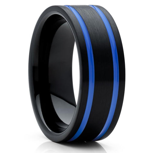 Black Tungsten Wedding Band - Blue Tungsten Ring - Men's Wedding Band - 8mm - Clean Casting Jewelry 