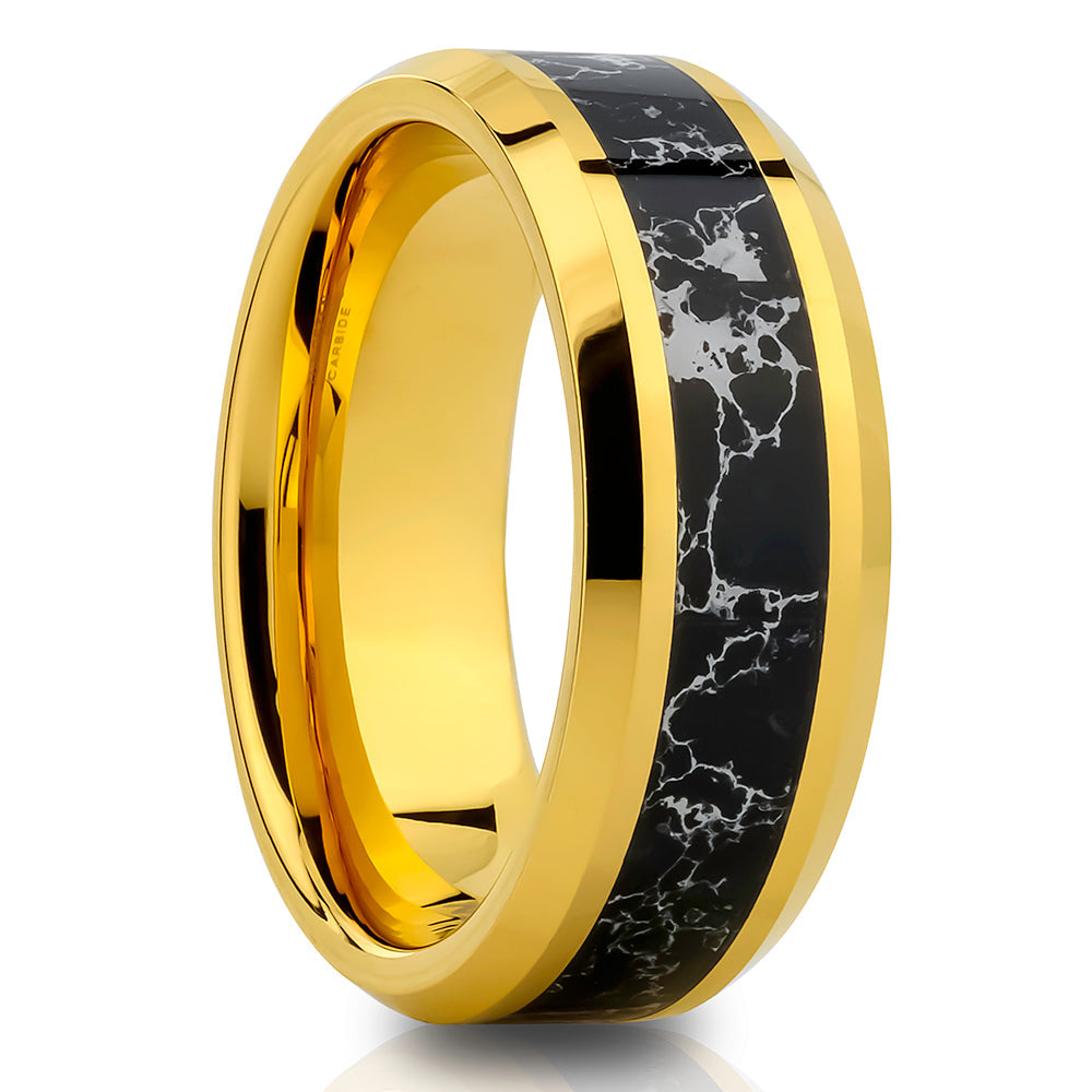 Yellow Gold Tungsten Ring 8mm Wedding Ring Onyx Wedding Ring
