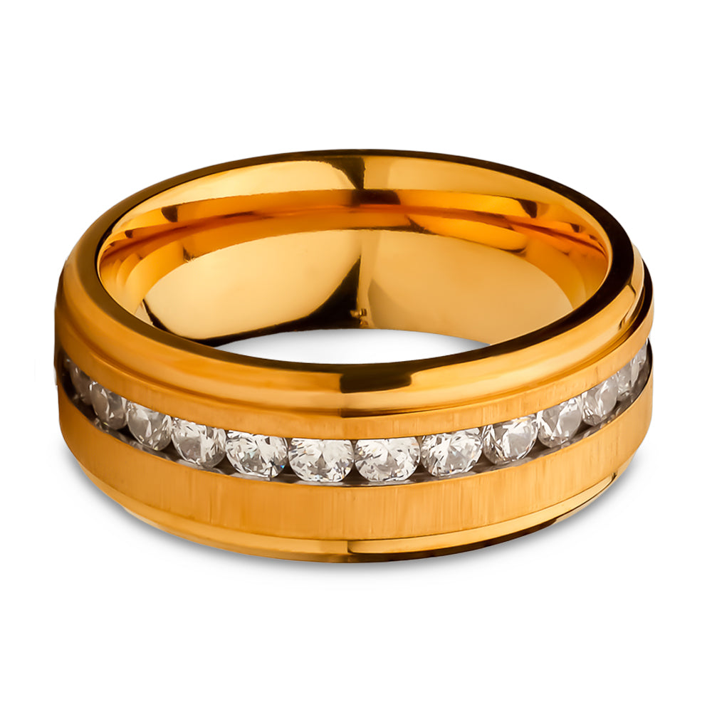 8mm Yellow Gold Tungsten Ring Titanium Wedding Ring Anniversary Ring CZ Ring