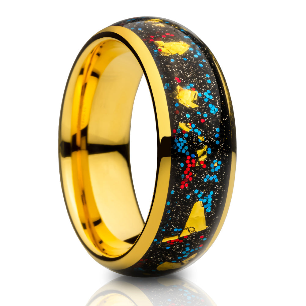 Yellow Gold Tungsten Wedding Ring Gold Flake Tungsten Ring 8mm Ring
