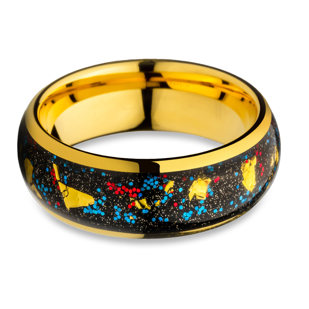 Yellow Gold Tungsten Wedding Ring Gold Flake Tungsten Ring 8mm Ring