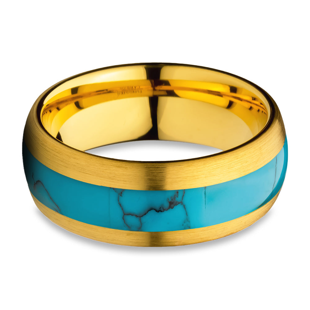 Yellow Gold Wedding Ring Tungsten Wedding Ring 8mm Wedding Ring Turquoise