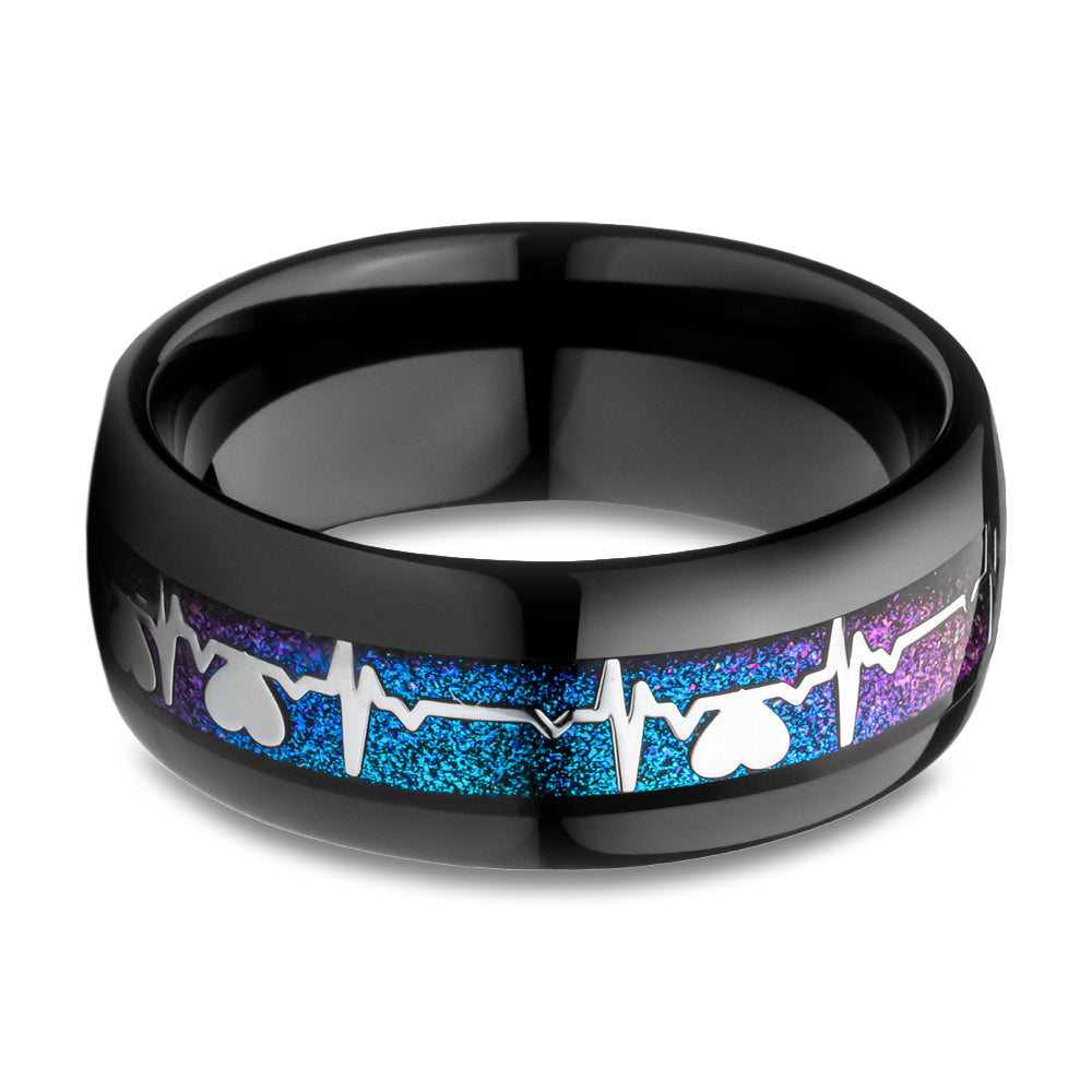 Heartbeat Wedding Ring,8mm Wedding Ring,Tungsten Carbide Ring,Engagement Ring,Black Wedding Ring