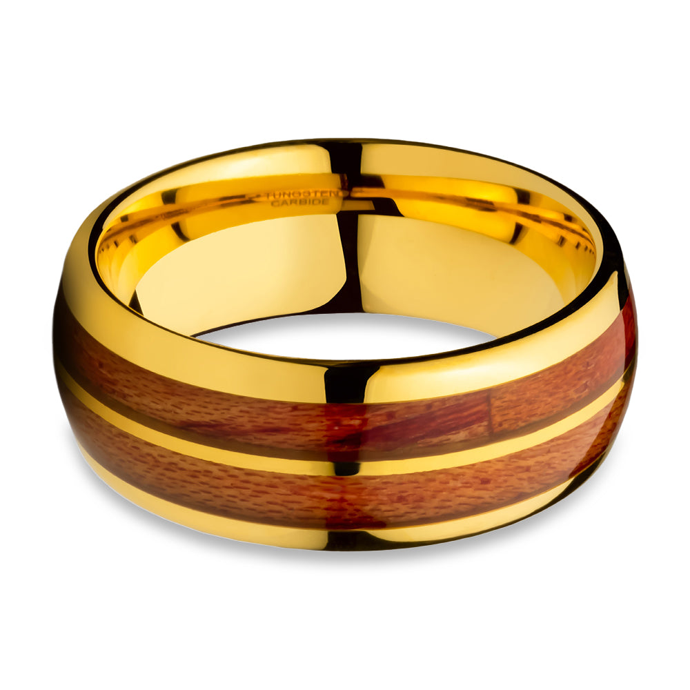 Yellow Gold Wedding Ring Tungsten Wedding Band 8mm Wedding Ring Koa Wood