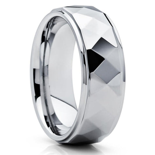 Tungsten Wedding Band - Faceted Design - Shiny Ring - Tungsten Ring - Clean Casting Jewelry 