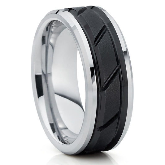 8mm Black Tungsten Wedding Ring Silver Tungsten Wedding Ring Engagement