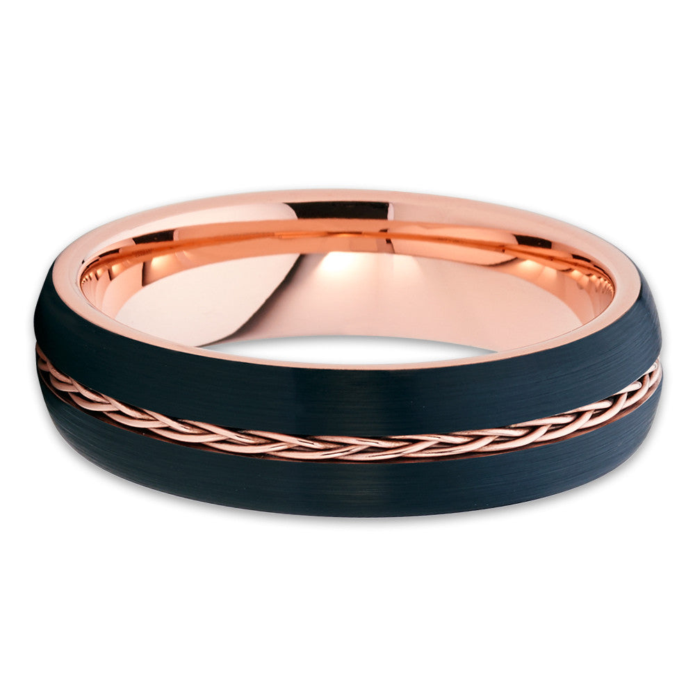 6mm Rose Gold Tungsten Ring Braid Wedding Ring Anniversary Black Ring