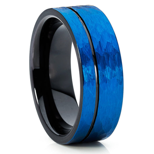 Blue Hammered Wedding Ring Black Tungsten Ring Tungsten Carbide Ring Band