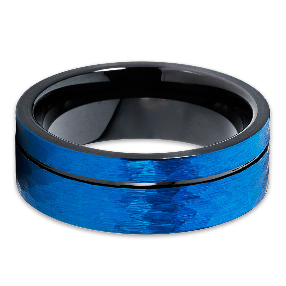 Blue Hammered Wedding Ring Black Tungsten Ring Tungsten Carbide Ring Band