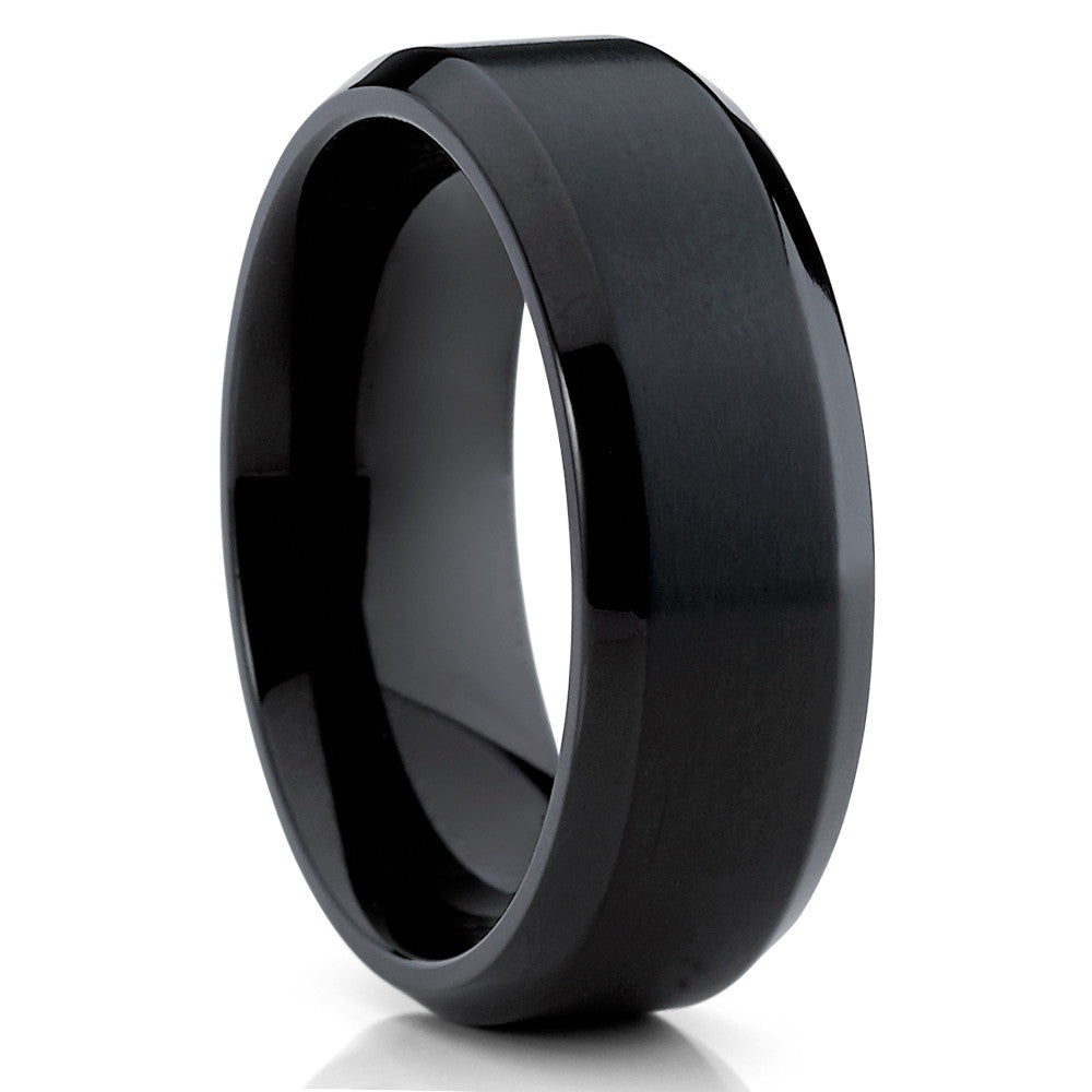 8mm Black Titanium Wedding Ring BlacK Wedding Ring Beveled Edges