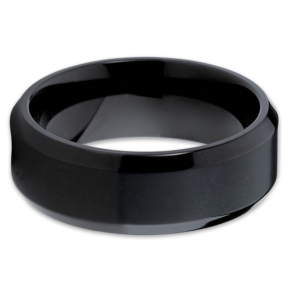 8mm Black Titanium Wedding Ring BlacK Wedding Ring Beveled Edges