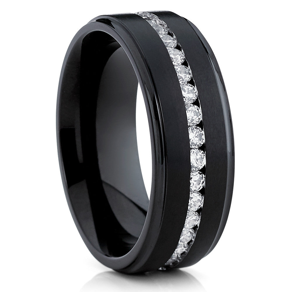 Black Titanium Wedding Ring CZ Wedding Ring 8mm Wedding Ring Black
