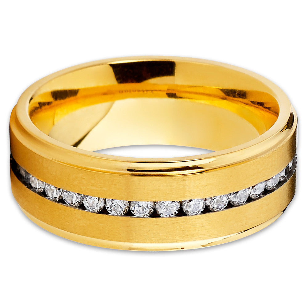 Yellow Gold Titanium Ring CZ Wedding Ring Anniversary Ring 8mm