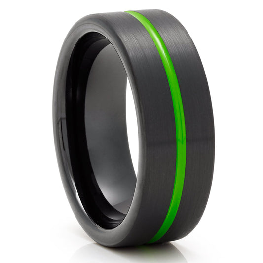 Green Tungsten Wedding Ring,Black Tungsten Ring,Anniversary Ring,Unique Tungsten Ring,8mm Black Ring