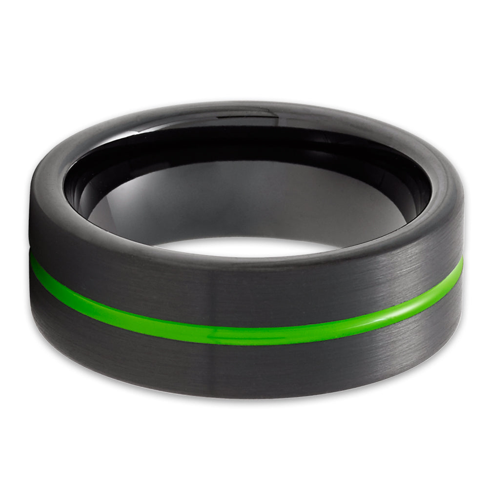 Green Tungsten Wedding Ring,Black Tungsten Ring,Anniversary Ring,Unique Tungsten Ring,8mm Black Ring