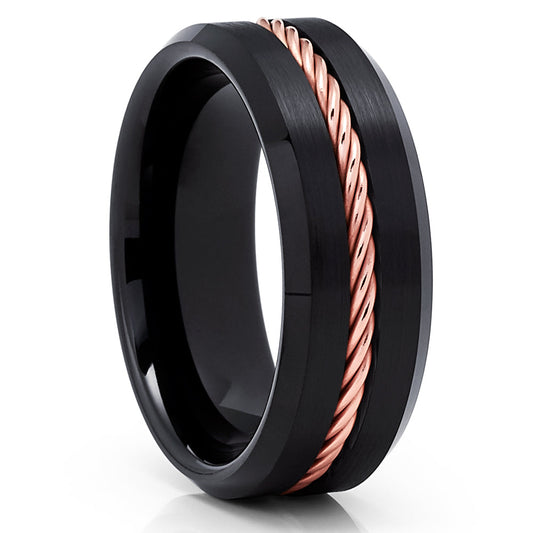 Rose Gold Tungsten Ring 8mm Wedding Ring Black Tungsten Ring