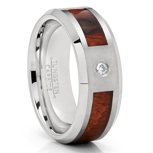 8mm Koa Wood Wedding Ring CZ Wedding Ring Tungsten Carbide Ring Engagement
