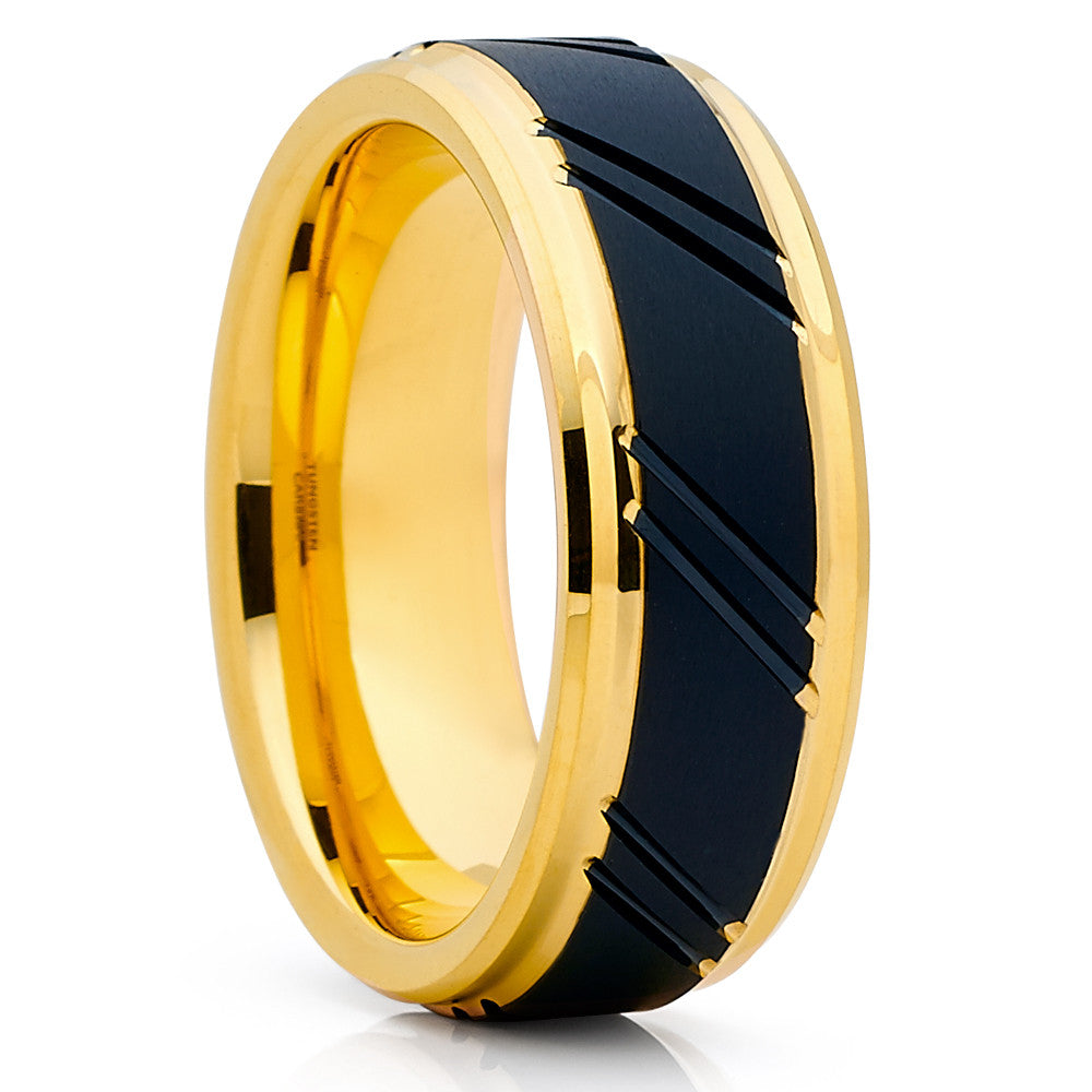 Yellow Gold Tungsten Ring Black Tungsten Ring Engagement Ring Black Ring