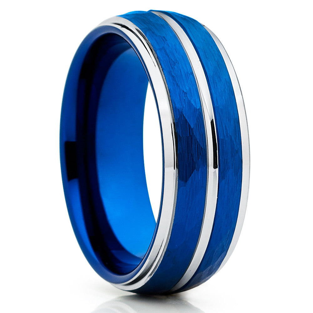 Hammered Wedding Ring,Blue Tungsten Ring,Engagement Ring,Unique Tungsten Ring,8mm Wedding Ring