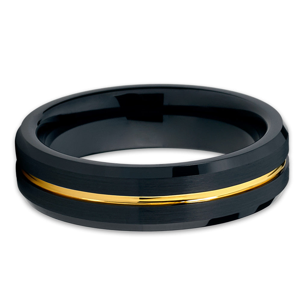 Black Tungsten Wedding Ring Yellow Gold Ring 6mm Tungsten Ring Anniversary