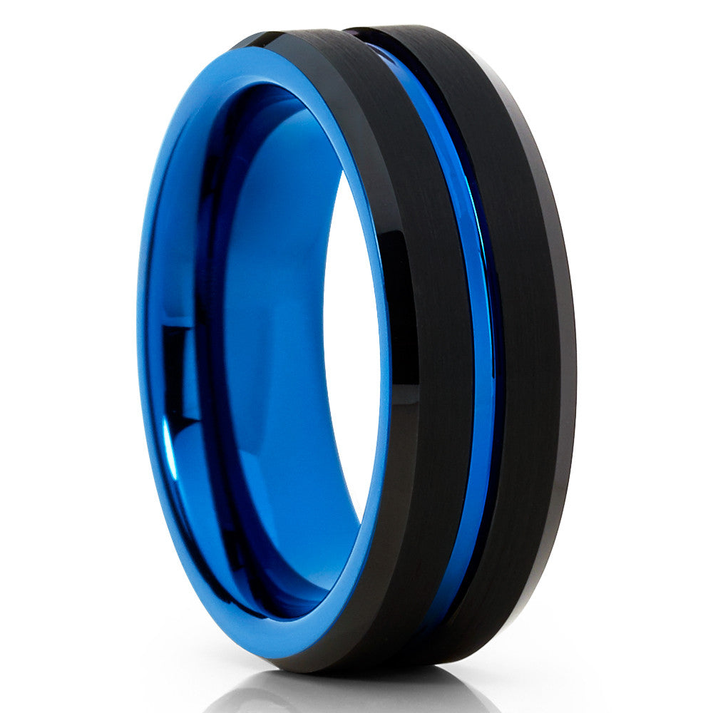 Blue Tungsten Wedding Ring Black Tungsten Ring 8mm Wedding Ring Black