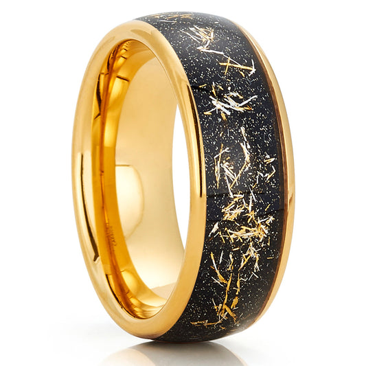 Meteorite Tungsten Wedding Ring,Yellow Gold Tungsten Ring,Engagement Ring,Anniversary Ring