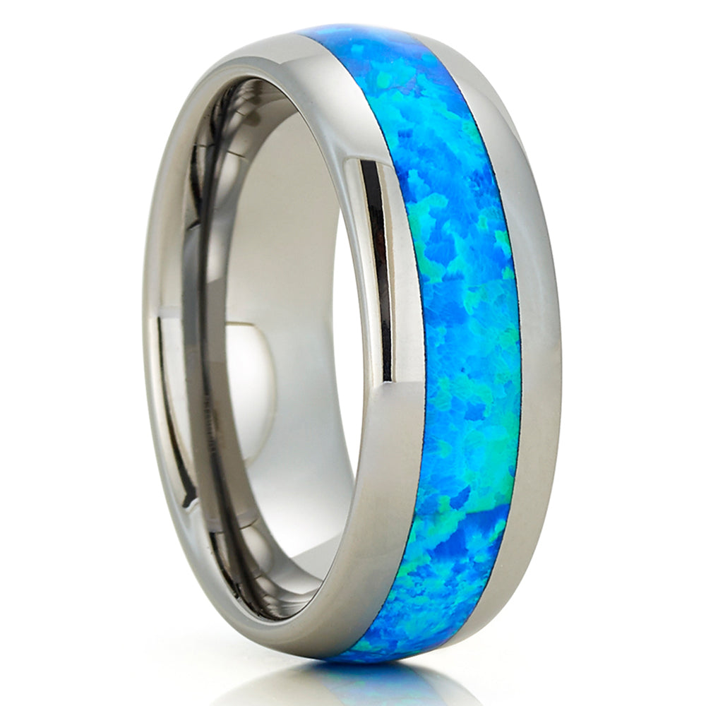 Blue Opal Wedding Ring 8mm Tungsten Ring Engagement Ring Anniversary Ring Silver
