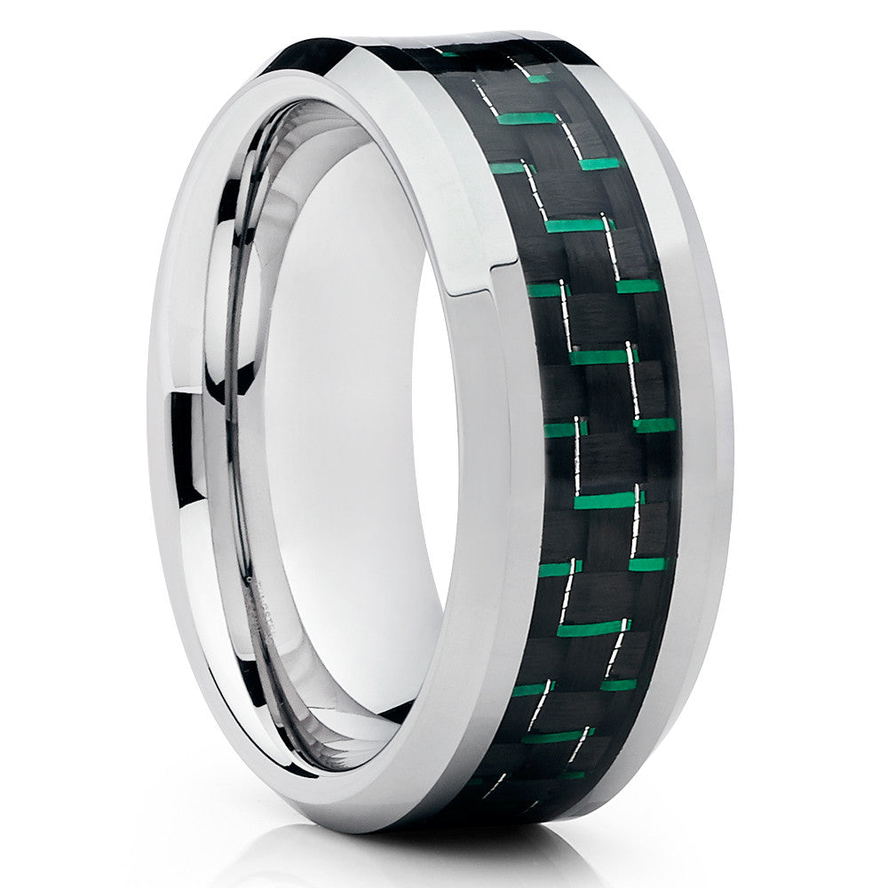 Green Carbon Fiber Ring,Tungsten Wedding Ring,9mm Wedding Ring,Engagement Ring,Silver Tungsten Ring,Comfort Fit