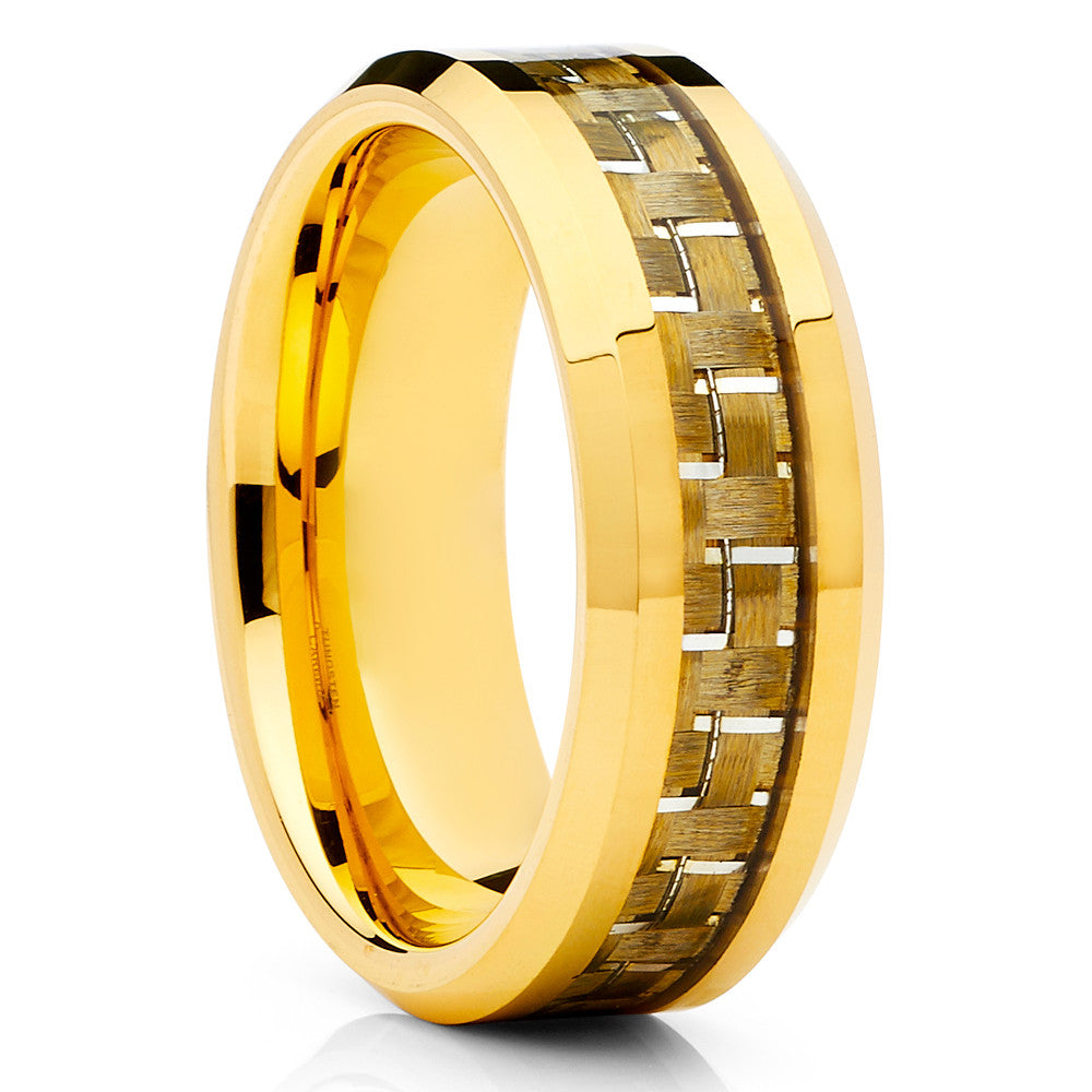 Yellow Gold Wedding Ring Carbon Fiber Wedding Band Tungsten Wedding Ring Band