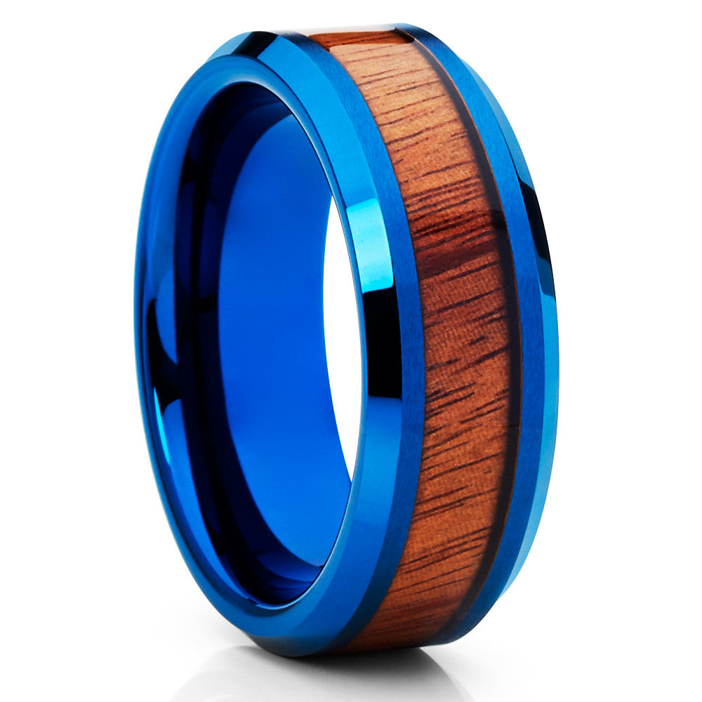 Koa Wood Wedding Ring,8mm Wedding Ring,Blue Tungsten Ring,Engagement Ring,Anniversary Ring,Comfort Fit