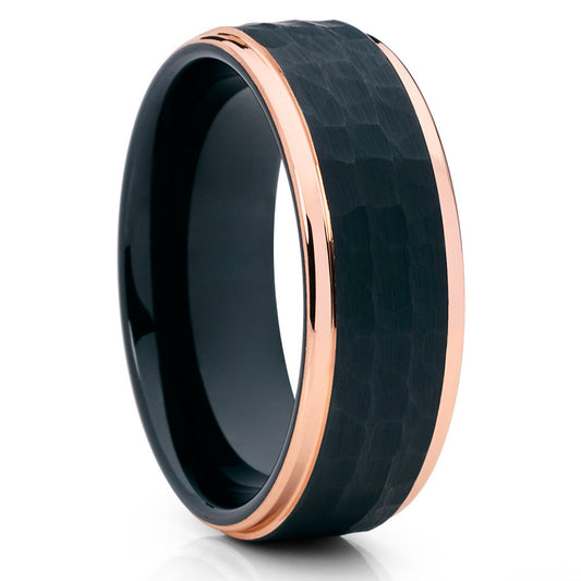 Hammered Wedding Ring,Rose Gold Wedding Ring,Black Tungsten Ring,Engagement Ring,Anniversary Ring,Engagement Ring
