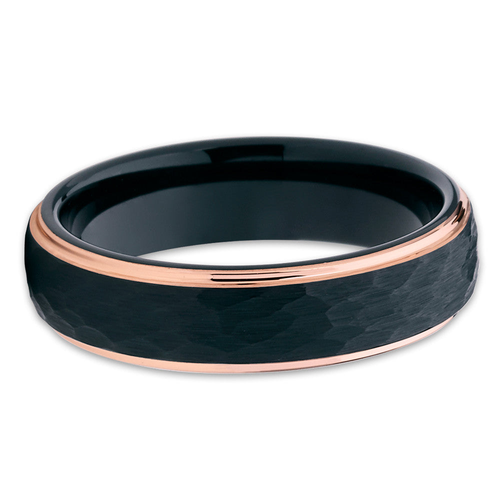 6mm Black Tungsten Wedding Ring Rose Gold Tungsten Ring Hammered Wedding Ring