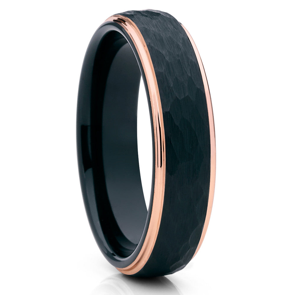6mm Black Tungsten Wedding Ring Rose Gold Tungsten Ring Hammered Wedding Ring