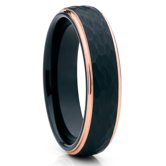 6mm Black Tungsten Wedding Ring Rose Gold Tungsten Ring Hammered Wedding Ring