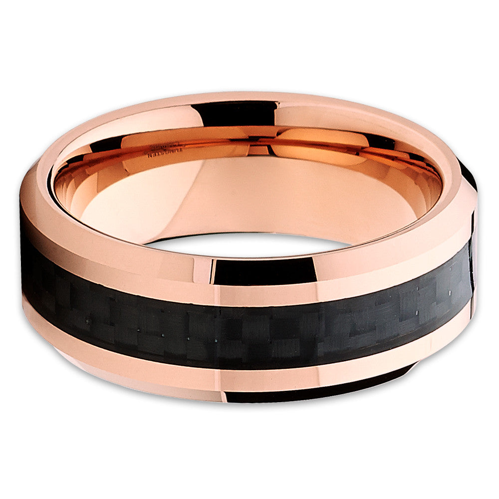 8mm Carbon Fiber Wedding Ring Rose Gold Tungsten Ring Anniversary