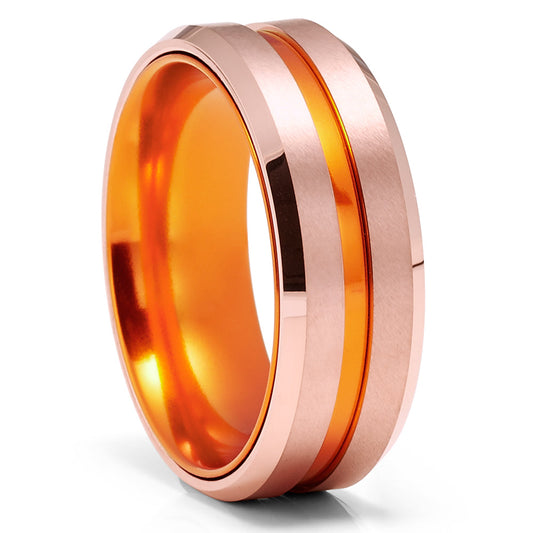 Orange Wedding Ring Rose Gold Tungsten Ring Engagement Ring 8mm