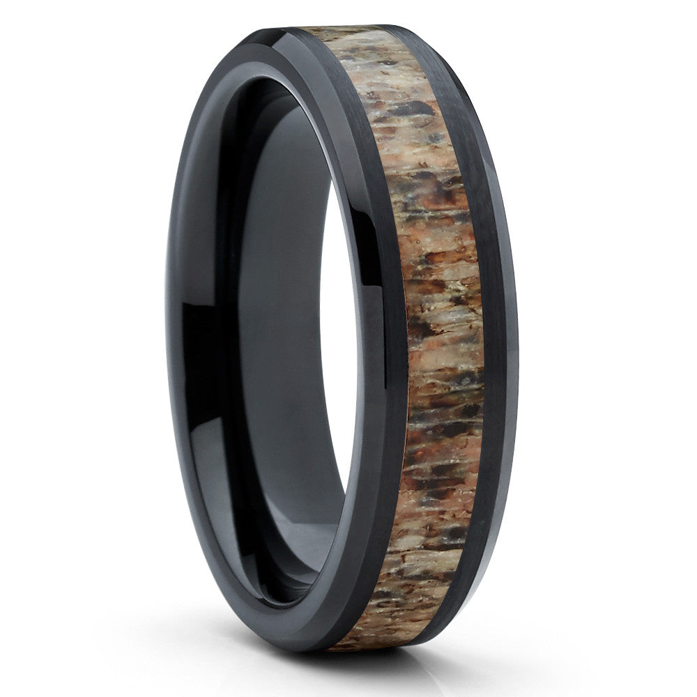 6mm Deer Antler Wedding Ring Black Tungsten Ring Engagement Ring Hunters Ring