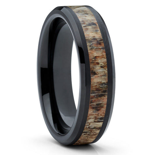 6mm Deer Antler Wedding Ring Black Tungsten Ring Engagement Ring Hunters Ring