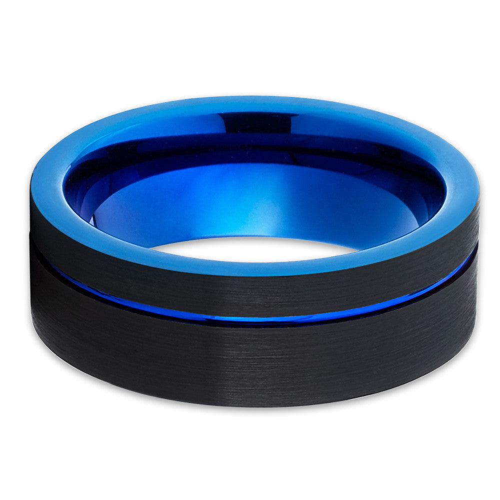 Blue Tungsten Wedding Ring Black Tungsten Ring Engagement Ring Offset Groove