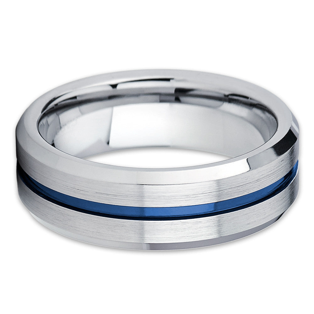 8mm Blue Tungsten Ring Silver Tungsten Wedding Ring Anniversary Ring