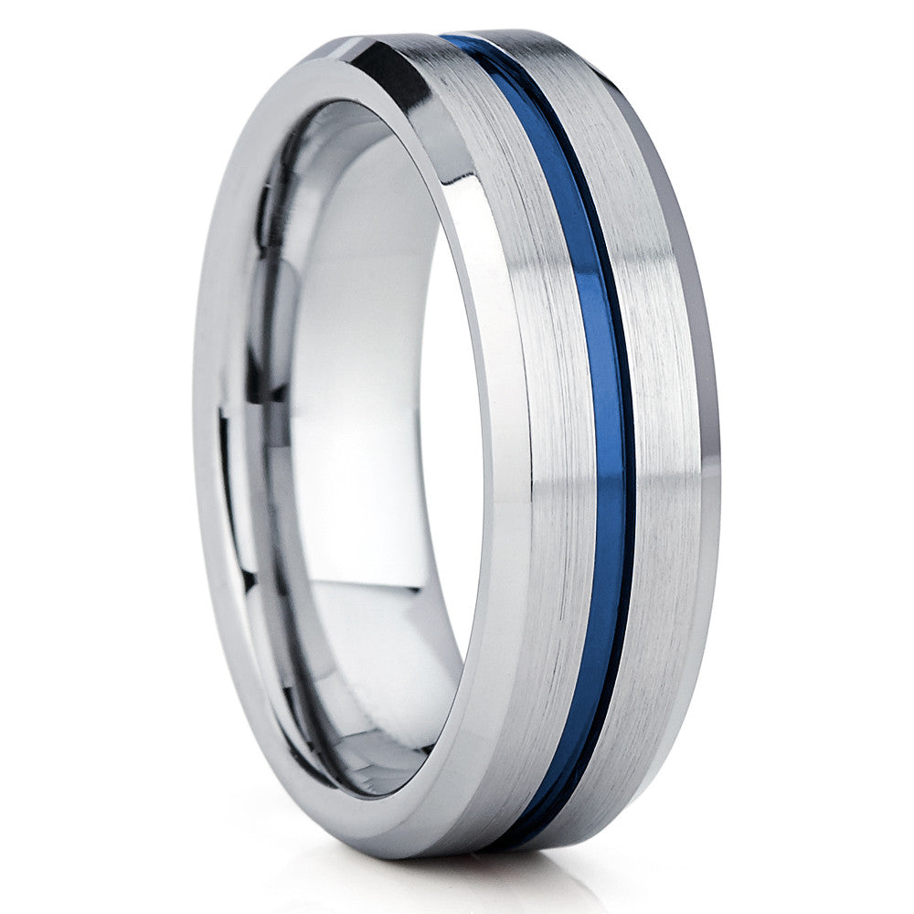 8mm Blue Tungsten Ring Silver Tungsten Wedding Ring Anniversary Ring