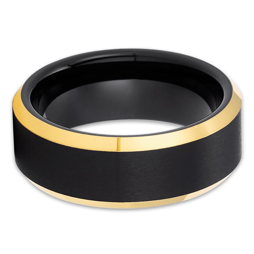 8mm Black Tungsten Ring Engagement Ring Yellow Gold Ring Anniversary
