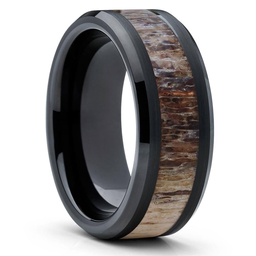 8mm Deer Antler Wedding Ring Black Tungsten Ring Engagement Ring Hunters Ring