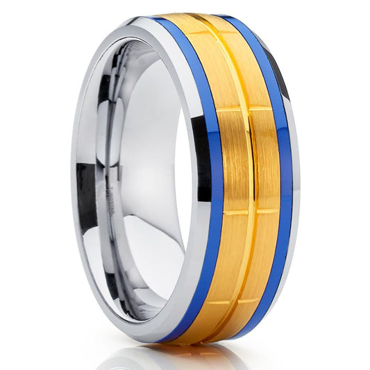 Blue Tungsten Wedding Ring 8mm Wedding Ring Anniversary Ring Yellow Gold